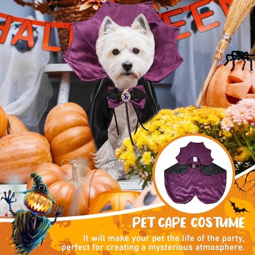 Dog Halloween Costume Cape Vampire Cloak with Bow Tie (Purple, SM) - Image 2