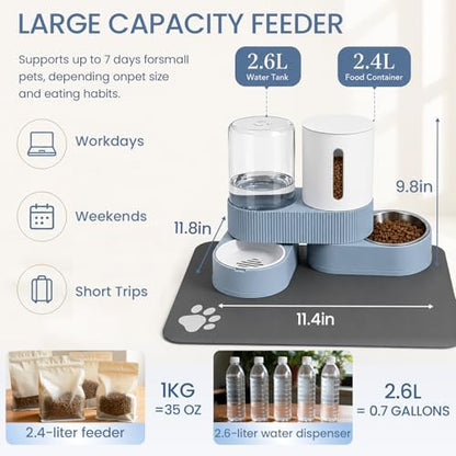 Gravity Cat Feeder and Water Dispenser 2 Pack Automatic Stainless Steel Feeder Bowls with Silicone Mat and Brush Set, Dry Food and Water Dispenser for Cats Small Medium Dogs(Blue)