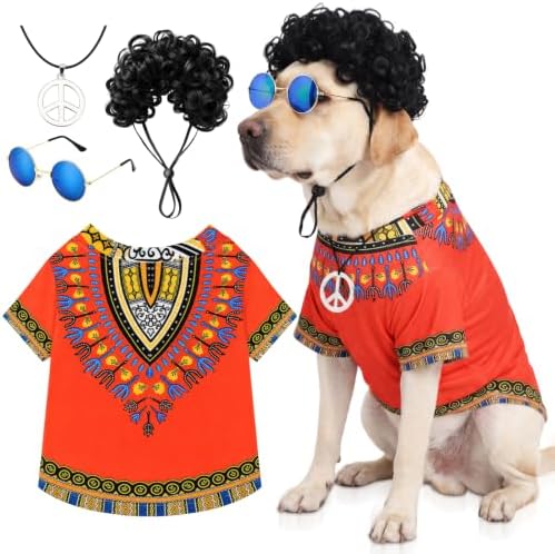 Kinlop 4 Pcs Hippie Dog Costume Halloween Pet Costume Accessories Includes 60s 70s African Dashiki T-Shirt Afro Wig Peace Sign Necklace and Sunglasses for Party Dress Up(XL) by Kinlop