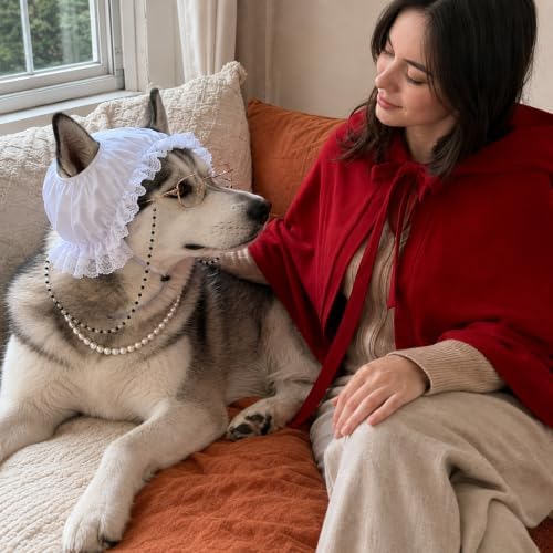 3 Pcs Dog Grandma Costume, Old Lady Mop Cap Pearl Necklace Granny Glasses - Image 4