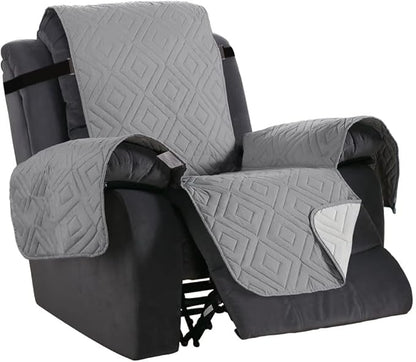 H.VERSAILTEX Reversible Quilted Recliner Covers Water Resistant Furniture Protector for Reclienr Chair with Elastic Straps for Pets Kids Sitting Width Up to 28"(Oversized Recliner, Light Grey/Beige)