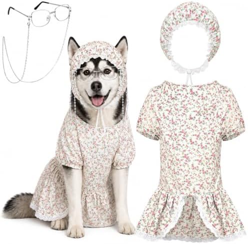 3 Pcs Halloween Wolf Granny Dog Costume Old Lady Grandma Costume for Dogs Hat Dress Glasses for Halloween Dog Party Dress Up Outfit 3XL by Bolsome