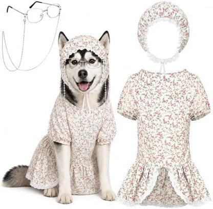 3 Pcs Halloween Wolf Granny Dog Costume Old Lady Grandma Costume for Dogs Hat Dress Glasses for Halloween Dog Party Dress Up Outfit 3XL by Bolsome
