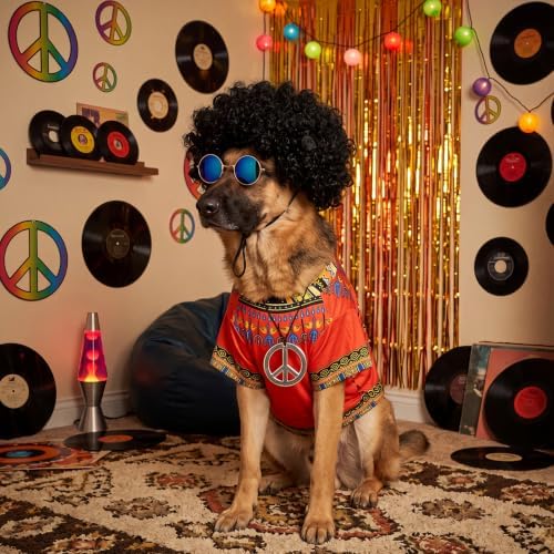 Kinlop 4 Pcs Hippie Dog Costume Halloween Pet Costume Accessories Includes 60s 70s African Dashiki T-Shirt Afro Wig Peace Sign Necklace and Sunglasses for Party Dress Up(XL) - Image 2