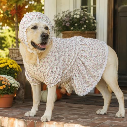 3 Pcs Dog Grandma Costume Set Floral Dog Dress Bonnet and Glasses with Chain Funny Vintage Pet Outfit for Large Dogs Halloween Party Dress Up 5XL - Image 5