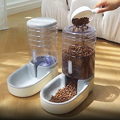 Meikuler Automatic Dog Cat Feeder and Water Dispenser Set,Waterer and Gravity Food Feeder for Small & Medium Dogs Cats Puppies,Large Capacity 1 Gallon x 2 (Grey)