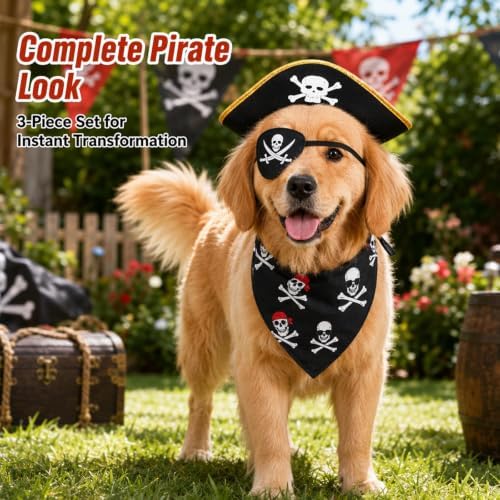 3PCS Dog Pirate Costume, Halloween Pet Outfit with Eye Patch and Gold Trim, Complete Pirate Dress Up Set for Costume Parties and Photo Sessions - Image 4