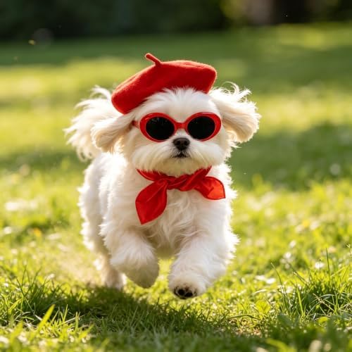 Dog Beret Scarf Glasses Pet French Beanie for Small Dogs Cats(Red, Small) - Image 6