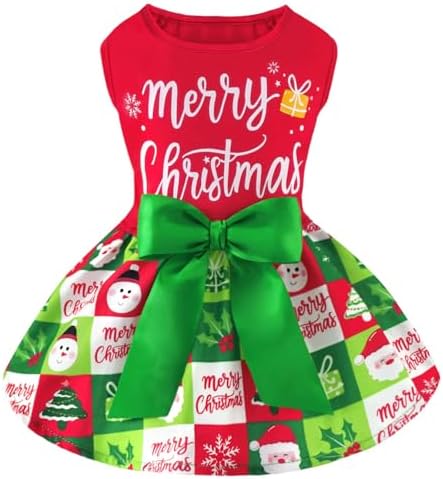 XPUDAC Dog Christmas Outfit Dog Dress Holiday Puppy Clothes for Small Dogs Girl, Pet Costume Cat Outfits Red Green-XS by XPUDAC