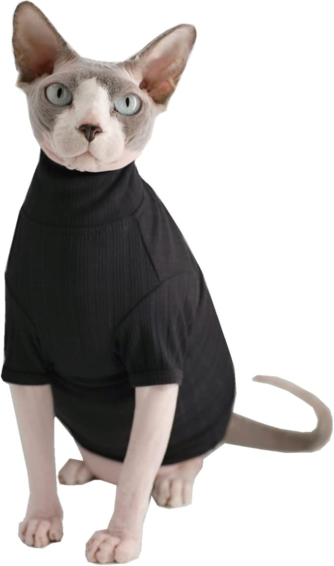 Sphynx Hairless Cats Shirt Cotton Cat Turtleneck Sweater Pullover Kitten T-Shirts with Sleeves Cat Pajamas Jumpsuit for Sphynx Cornish Rex, Devon Rex, Peterbald (XX-Large (Pack of 1), Black)