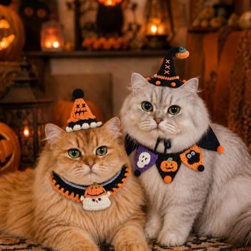 4 Pcs Halloween Cats Dogs Pets Crochets Handmade Collars Soft Wool Neck Collars with Hats Knitted Costume Photo Shoot Props Bibs for Multiple Family Matching Set (Cool Pumpkins) - Image 7