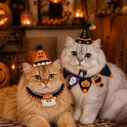 4 Pcs Halloween Cats Dogs Pets Crochets Handmade Collars Soft Wool Neck Collars with Hats Knitted Costume Photo Shoot Props Bibs for Multiple Family Matching Set (Cool Pumpkins) - Image 7