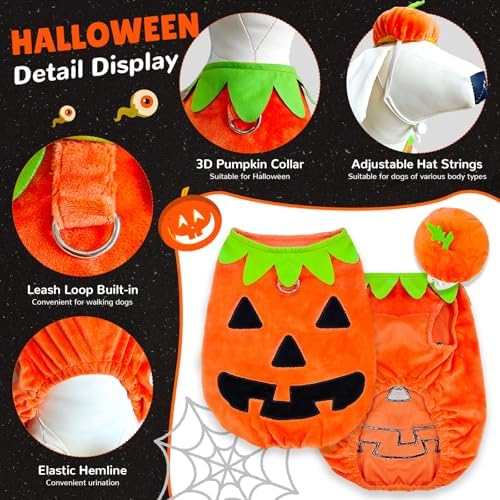 ABRRLO Funny Dog Pumpkin Costume Small Dog Cat Halloween Costumes Boy Girl Cute Halloween Dogs Shirt with Leash Ring Pumpkin Hat Puppy Cosplay Outfits Pet Party Clothes Apparel Yorkie Chihuahua(S) - Image 3