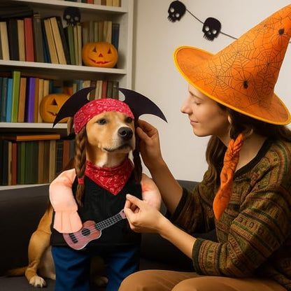 Huhumy Halloween Country Singer Dog Costume Guitar Wig Bandana for Dog, XL - Image 4