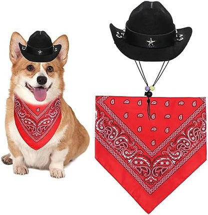 GOYOSWA Dog Halloween Costumes, Dog Cowboy Costume Halloween Pet Cowboy Hat Bandana Scarf for Small Medium Large Dogs Pets (Black Hat & Red Bandana, Small) by GOYOSWA