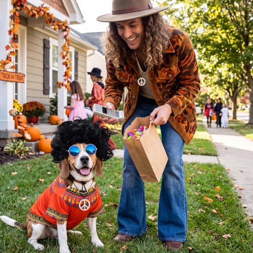 Kinlop 4 Pcs Hippie Dog Costume Halloween Pet Costume Accessories Includes 60s 70s African Dashiki T-Shirt Afro Wig Peace Sign Necklace and Sunglasses for Party Dress Up(L) - Image 5