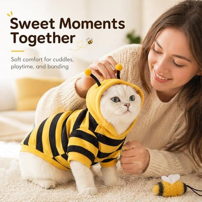 Cute Cat Bee Costume - Pet Halloween Apparel Bumble Bee Cosplay Clothes Antennae, Soft Warm Fleece Hoodie for Cats, Kittens, and Small Dogs, Perfect for Festival Party and Photo Shoot S/M - Image 6