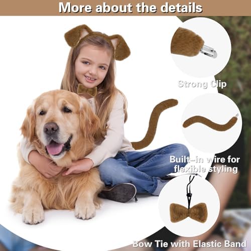 Beviliu 3 Pieces Dog Costume Set, Golden Dog Ears and Tail Bowtie, Brown Puppy Ears Costume for Halloween - Image 2