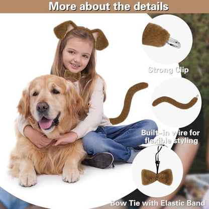 Beviliu 3 Pieces Dog Costume Set, Golden Dog Ears and Tail Bowtie, Brown Puppy Ears Costume for Halloween - Image 2