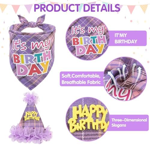 SCENEREAL Dog Birthday Bandana Hat with Dress Girl Set Party Supplies Plaid Puppy Birthday Outfit Cute Dog Tutus for Small Medium Lage Dogs, Purple Plaid - Image 3