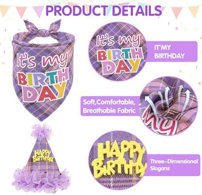 SCENEREAL Dog Birthday Bandana Hat with Dress Girl Set Party Supplies Plaid Puppy Birthday Outfit Cute Dog Tutus for Small Medium Lage Dogs, Purple Plaid - Image 3