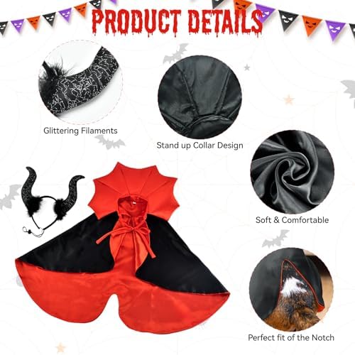 2 Pcs Dog Halloween Costume Set Cat Witch Vampire Cape Devil Horns Hat Holiday Clothes for Cat Puppy Halloween Party Pet Outfits (Red) L - Image 3