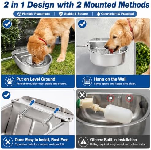 FHTONGE 304 Stainless Steel Automatic Dog Water Bowl Dispenser with Outfall