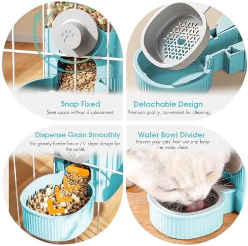 Hanging Cage Automatic Food Water Dispenser, Auto Gravity 1.2L Self-Feeding Feeder and 0.52L Waterer Set, Crate Auto Feeder Dish for Puppy Cats Ferret Bunny Guinea Pig Small Pets (Blue)