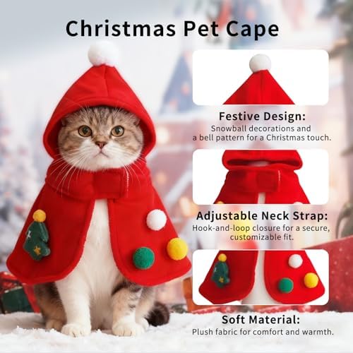 Dog Christmas Costumes Pet Cape with Hood, Cute Pet Costumes for Cats Dogs, Fluffy Dog Costume Cat Clothes for Holiday Party and Photos,（Red/L - Image 2