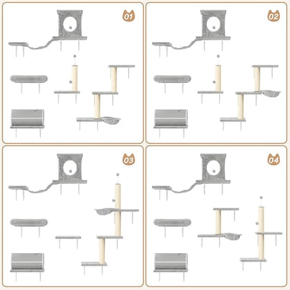 7-in-1 Cat Wall Shelves, Wall Mounted Cat Climber Set, Cat Furniture with House, Tunnel, Bridge, Steps, Scratcher, Hammock, Shelves for Indoor, Gray