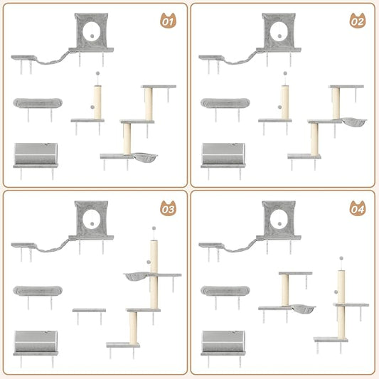 NUNU LAB Cat Wall Shelves Set, 7 Pcs Wall-Mounted Cat Climber with Cat House, Tunnel, Bridge, Scratching Post, Hammock, Wall Shelves, Gray