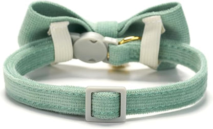 Cotton Breakaway Kitten Collar with Bow Tie and Bell Adjustable Cute Soft Corduroy Cat Collars for Small Cats(Grass Green,XS)