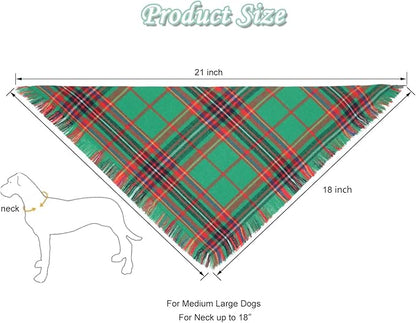 Christmas Dog Bandanas 2PCS-Large,Winter Classic Red Green Plaid Dog Scarf with Tassels Edges,Triangle Holiday Outfit for Boy and Girl Dogs,Pet Costumes for Medium to Large Dogs