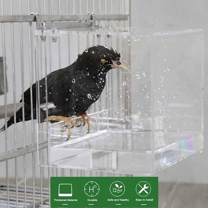 Hanging Cube Bird Bath Cage, Transparent Bird Bathtub Bath Shower with Stainless Steel Hooks for Small Bird Canary Parakeet Budgerigar Parrots Crested Myna Cockatiel Lovebird (Large)