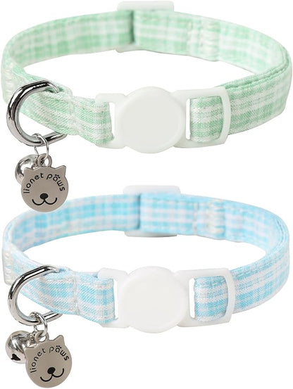 Lionet Paws 2pcs Pack Cotton Cat Collar,Breakaway Buckle with Green Blue Grid and Brand Pendant Cute Adjustable Cat Kitten Collar,Ideal for Girl Cats Boy Cats