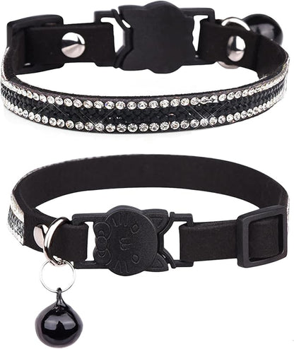 Solmoony Breakaway Cat Collars with Bell,Adjustable Safe Kitten Collar,Cat Collars for Girl Cats with Rhinestone Soft Velvet (Black2)