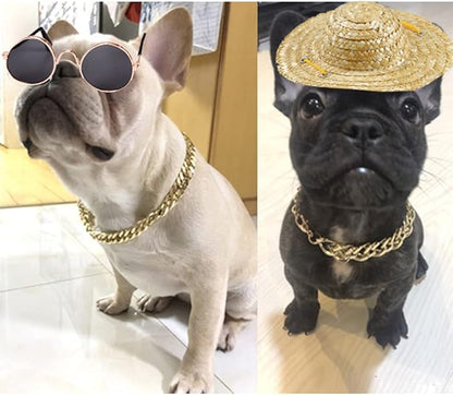 6 Pieces Pets Dog Cat Bowtie Pet Sunglasses and Summer Pet Straw Hat with Faux Gold Chain Pet Costume Adjustable Formal Necktie Collar for Cats Small Dogs Puppy Grooming Accessories