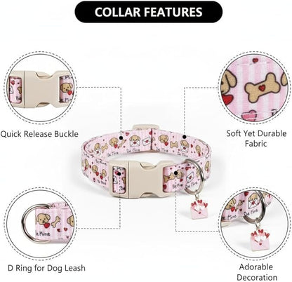 Pink Dog Collar, Girl Dog Collar with Cute Dogs and Hearts, Cute Spring Summer Food Collar with Soft & Breathable Fabric, Adjustable Pet Collar for Medium Dogs