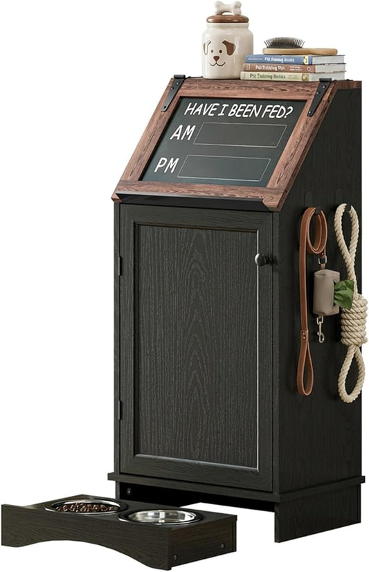 Dog Food Feeding Station with Storage, Pet Food Storage Cabinet with Bowls and Flip-Top Blackboard, Hidden Trash Can, Pet Organizer Cabinet for Dog and Cat, Black