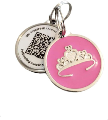 Pet Dwelling QR Code Pet ID Tag – Smart Dog & Cat ID Tags for Pet Safety, Free Personalized Online Profile, Instant Scan Alerts, AI Insights (Pink Tiara)