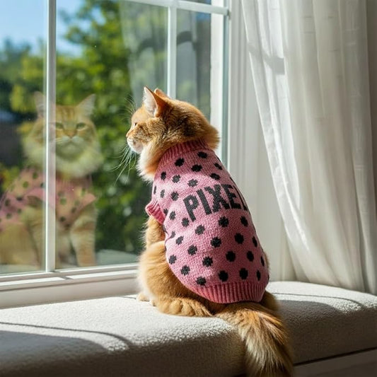 Custom Knit Sweater for Small Dogs and Cats with Personalized Name, Polka Dot Pattern, Soft Knit Winter Apparel, Cozy and Stylish Pet Clothing, Idea for Pet Lovers