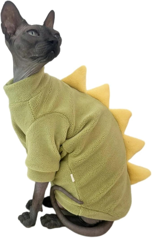 Dinosaur Sphynx Cat Clothes, Soft Polar Fleece Sweater for Cat, Elastic Pet Clothes Thick Winter Warm Outfit for Hairless Cat, Devon, Cornish, Small Dogs Apparel with Sleeves (Green, Medium)