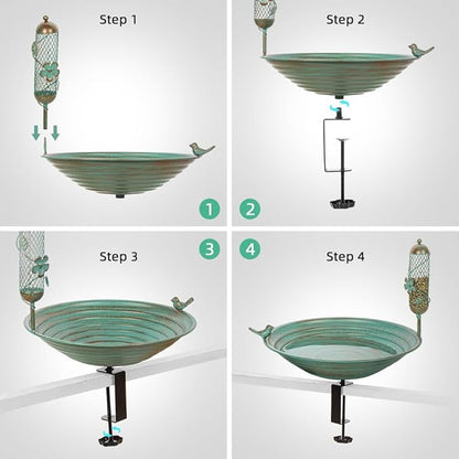 DREAMSOUL 13 Inches Deck Bird Bath, Metal Bird Bath Bowl Unheated with Clamp Detachable, Bird Baths for Outdoors Railing Balcony Garden Decor