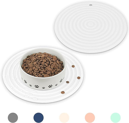 Ptlom 2pcs Pet Placemat for Dogs and Cats, Waterproof Silicone Dog Feeding Bowl Mats for Food and Water, Small Medium Large Pet Mat Prevent Residues from Spilling to Floor, White, 9.5Inch