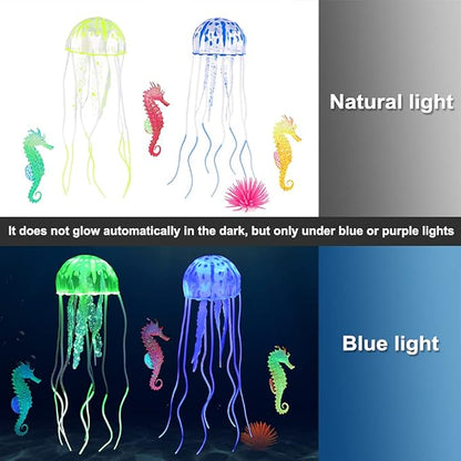 Lpraer 6 Pieces Glow Aquarium Ornaments Artificial Glow Floating Jellyfish Seahorse Anemones Silicone Simulation Fish Tank Decorations for Fish Tank