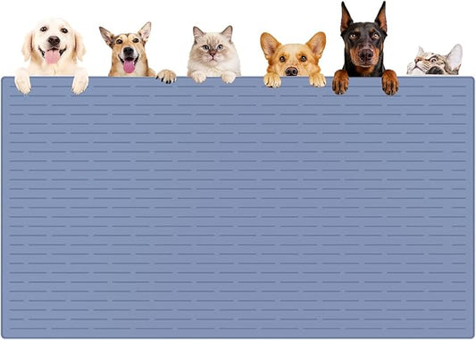 XXXXL Largest Pet Food Mat, 51.2"x25.6"(130cmx65cm) Silicone Dog Mats for Food and Water, Nonslip Pet Feeding Mats for Floors,Dog Cat Bowl Mat with Raised Edges, Lake Blue