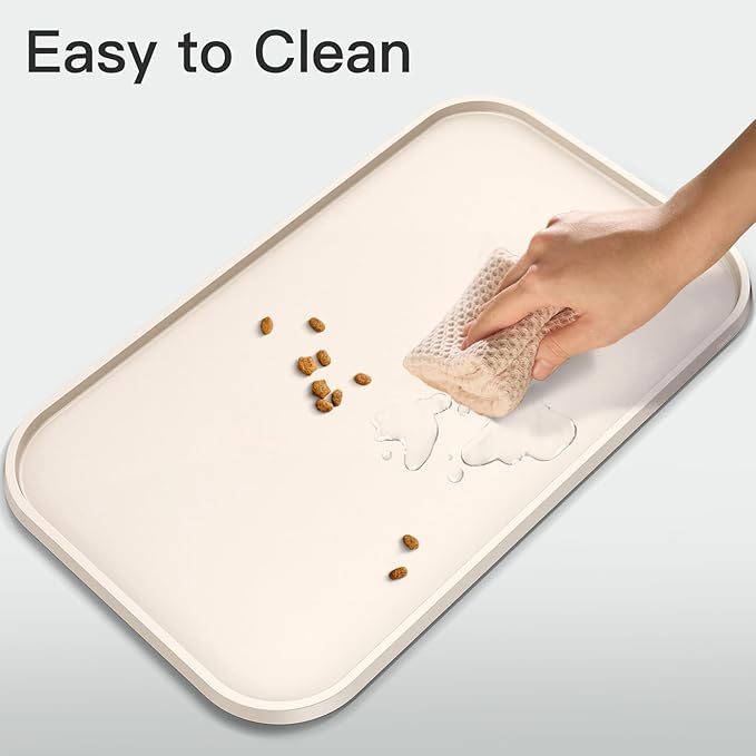 Pet Feeding Mat [Warped Resistant Raised Edge], Water-Proof Silicone Placement for Food Water Bowls, Anti-Slip Base Protect Floor, BPA-Free&Dishwasher-Safe [23.5x13.5inch Large, White Sand]