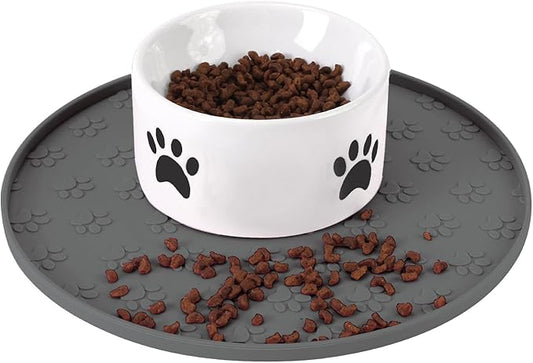 Silicone Pet Food Mat - Waterproof Dog Food Bowl Mat Cat Feeding Mat Thicker Pet Placemat Eating Mat with High Lip to Prevent Spills, Dog & Cat Water Bowl Mat for Messy Drinkers to Protect Floors，Gray