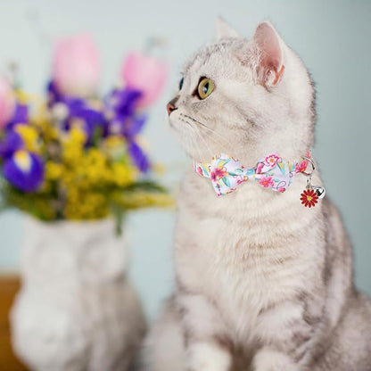 SCENEREAL Spring Cat Collar Breakaway with Bells, 2 Pack Cute Flower Pet Collar with Removable Bow Tie and Bandana, Adjustable Safety Buckle with Daisy Pendants for Girl Cats Kitten