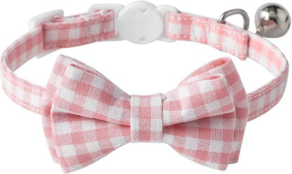 AIITLE Breakaway Cat Collar with Cute Bow Tie and Bell, Detachable Adjustable Safety Collars for Girl Cats and Boy Cats, Kittens, Puppy, Soft Stylish Plaid Patterns Cat Collars,Pink